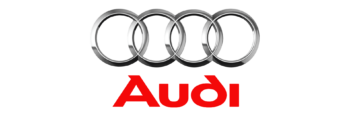 Logo da Audi com os quatro anéis entrelaçados e o nome da marca em vermelho.
