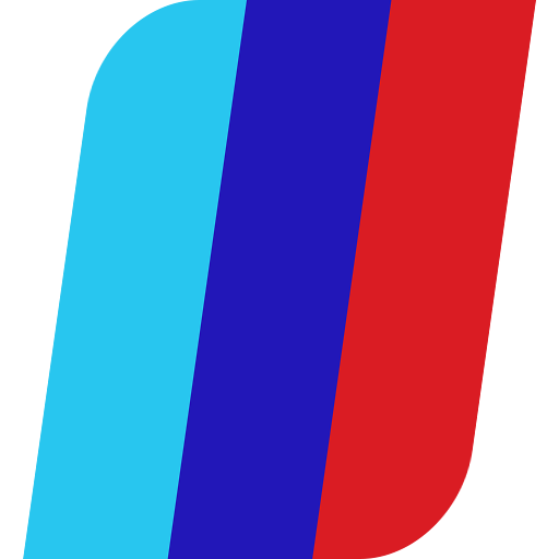 Três faixas verticais coloridas em azul claro, azul escuro e vermelho, com cantos arredondados.