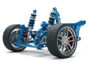 Suspensão automotiva azul com rodas e freios